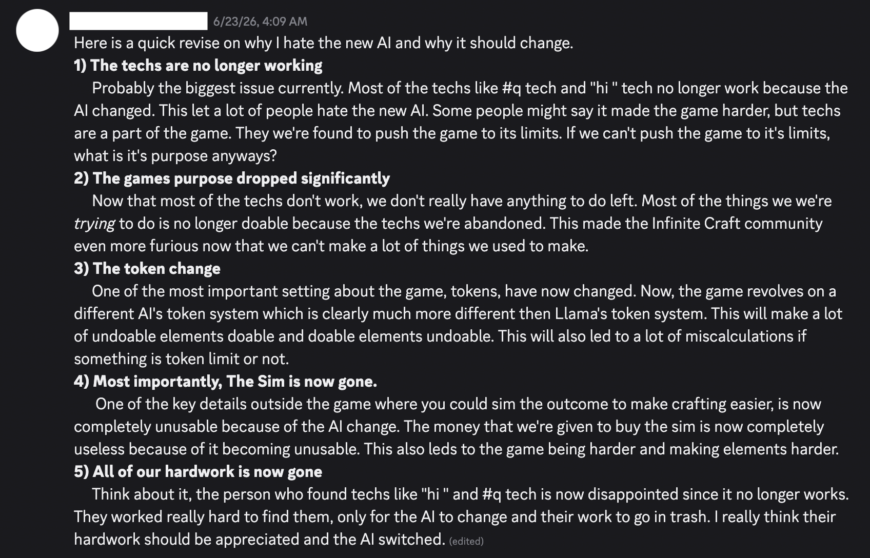 Discord thread listing why the new AI broke Infinite Craft's techs